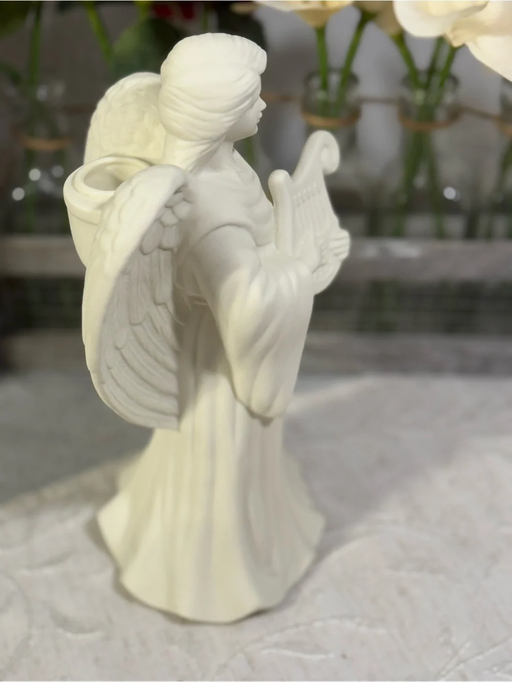 PartyLite Lyrical Angel Playing Harp Bisque Porcelain Taper Candle Holder P0461